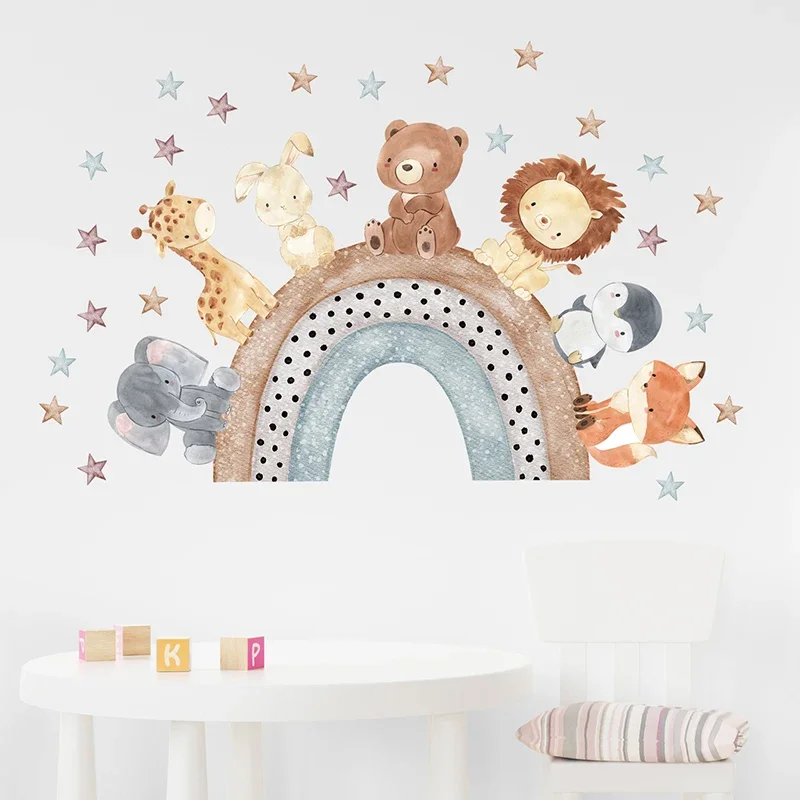 1pc Watercolor Cartoon Animal Stars Rainbow Wall Stickers for Kids Room Children's Room Baby Nursery Room Wall Decals Home Decor