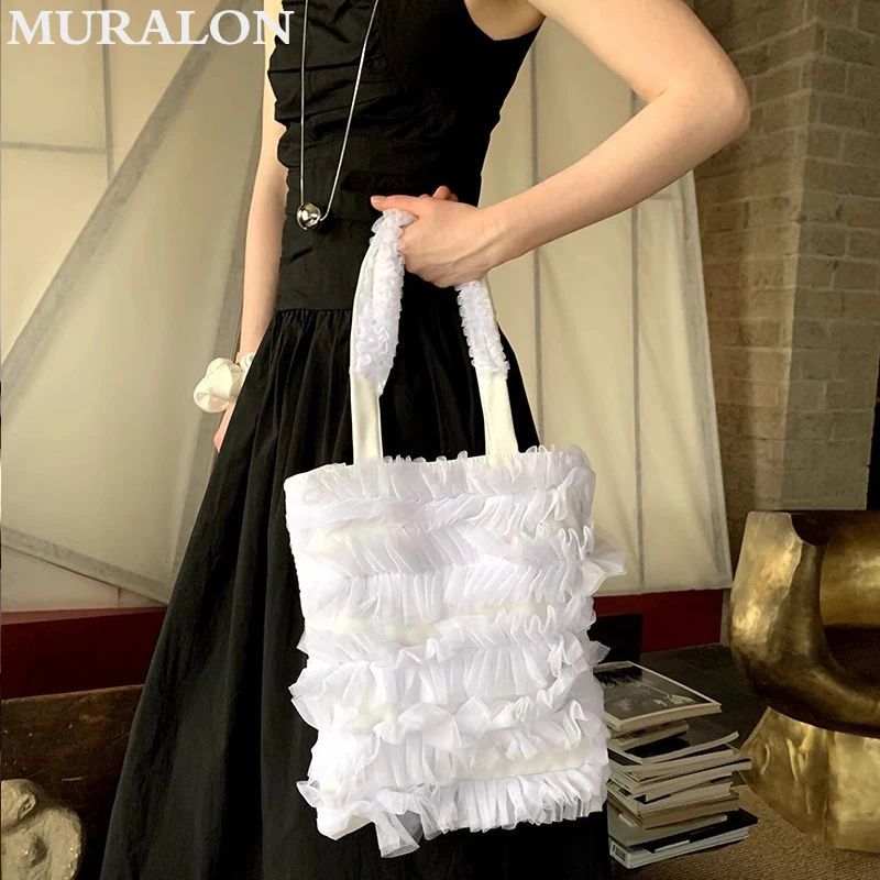 Mesh Shoulder Bag Women Large Capacity White Lace Tote Canvas Bags Elegant Leisure Daily Fashion Handbag for Lady