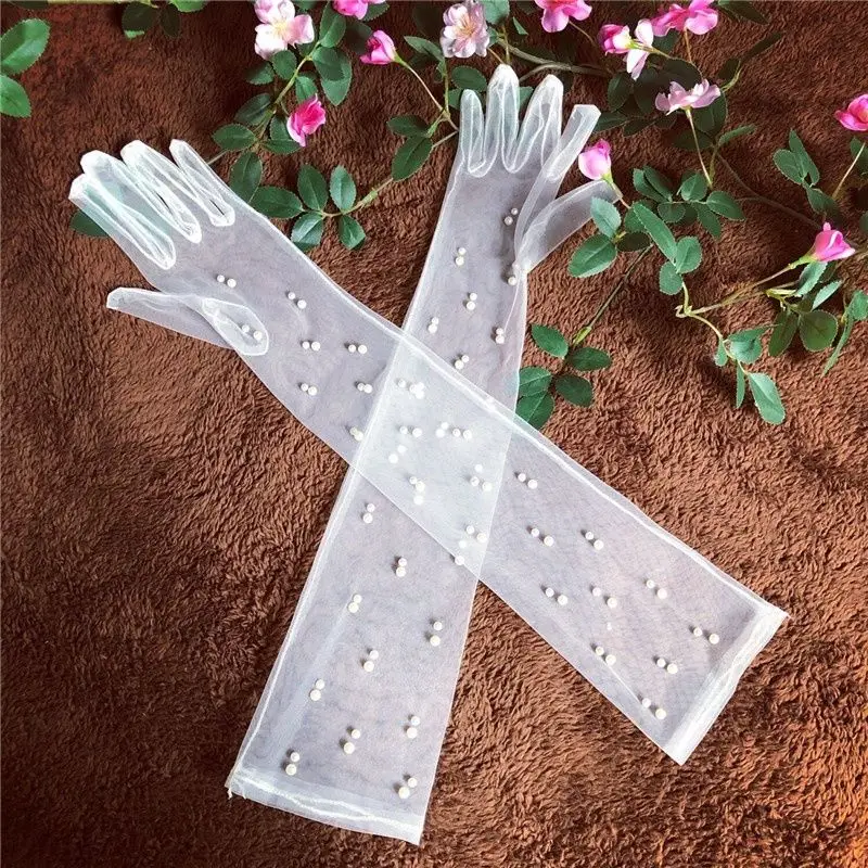 Guantes de novia de malla con cuentas de perlas, accesorios de boda blancos, cubierta de brazo, guante de encaje para novia elegante