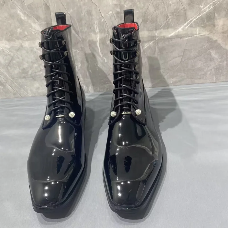 

British Style Black Patent Leather Boots Mens shoes Luxury Fashion Lace-up Ankle Boots Men Dress Shoes Autumn Winter Men's Boots
