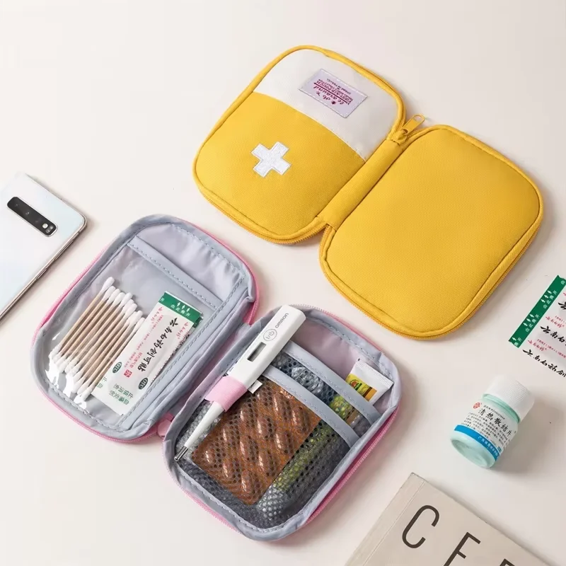 Bolsa de medicamentos para viagem, 2 tamanhos, bolsa de armazenamento de comprimidos, itens essenciais para atividades ao ar livre, kit de primeiros socorros, mini kit de primeiros socorros, bolsa portátil para armazenamento doméstico