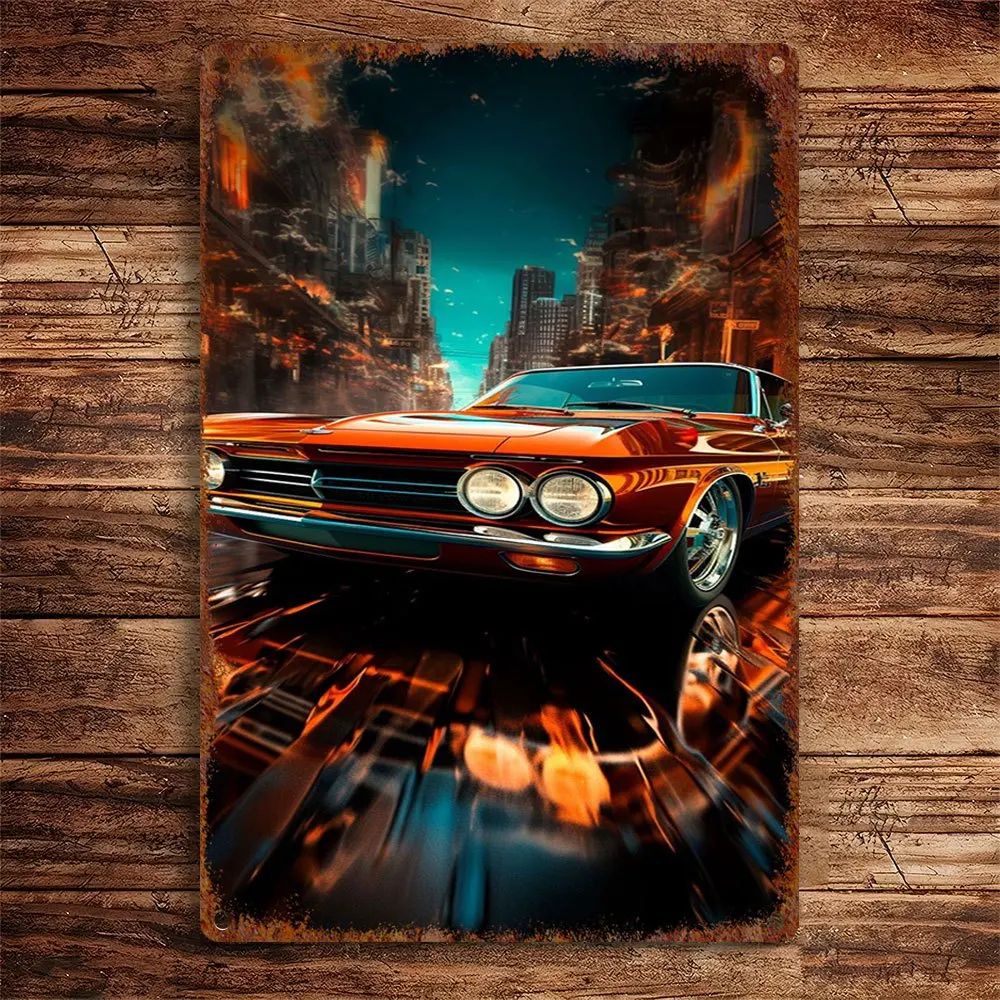 Vintage Metal Sign - Retro Muscle Car Design with Fiery Cityscape, Humorous Wall Art for Home, Bar, Kitchen, Restaurant Decor,