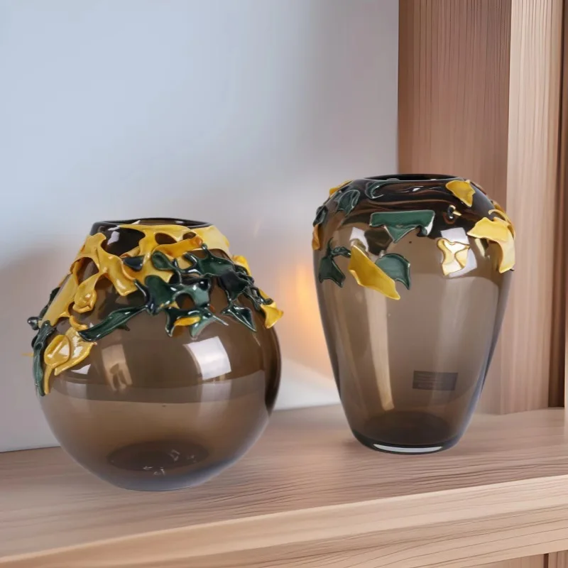 Jarrón de vidrio esmaltado hecho a mano, juego de tres piezas, para vitrina de vinos, entrada de hotel, decoración suave para el hogar, arreglo floral