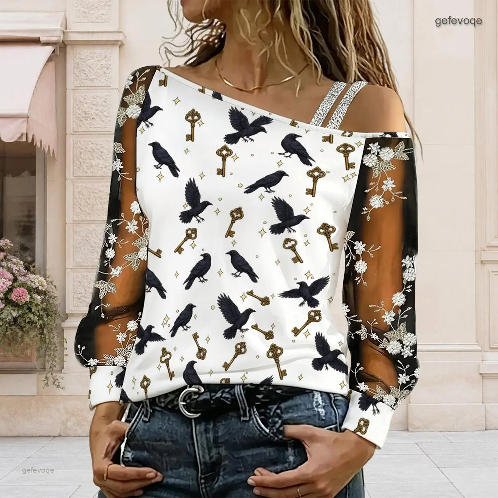 Women Asymmetric Cold Shoulder Long Sleeve Top Printed Raven Key Floral Pattern Casual Blouse