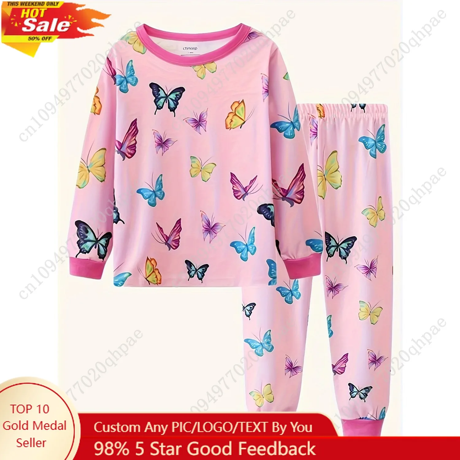 

Children Lovely Butterfly Print Long-Sleeved Two-piece Pajama Set For Girls