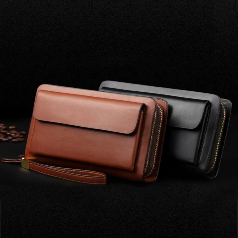 Wallet Purse Leather Men Faux Double Zipper Money Holder Clip Clutches Handbag