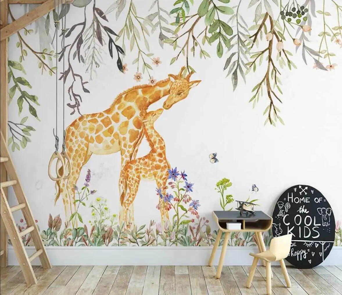 Custom 3d wallpaper murals hand-painted romantic flowers and plants cute giraffe children's room fantasy background wall