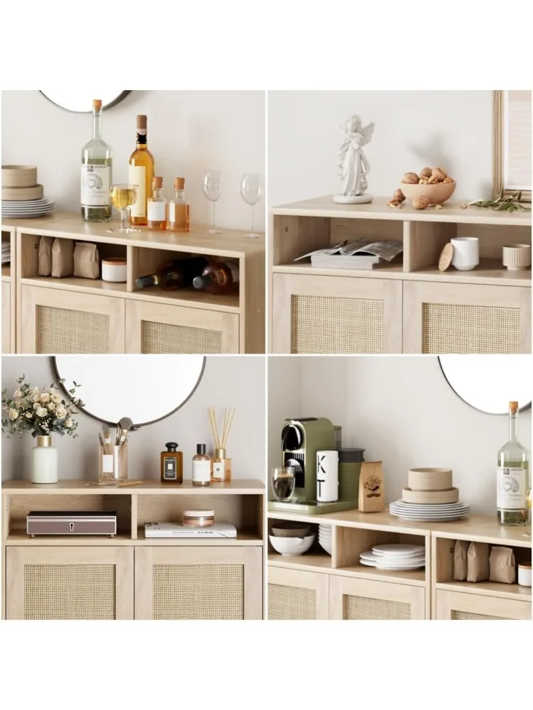 Rattan Buffet Cabinet with 4 Doors and Shelf - Multifunctional Storage Sideboard for Dining, Kitchen, Living Room, and En