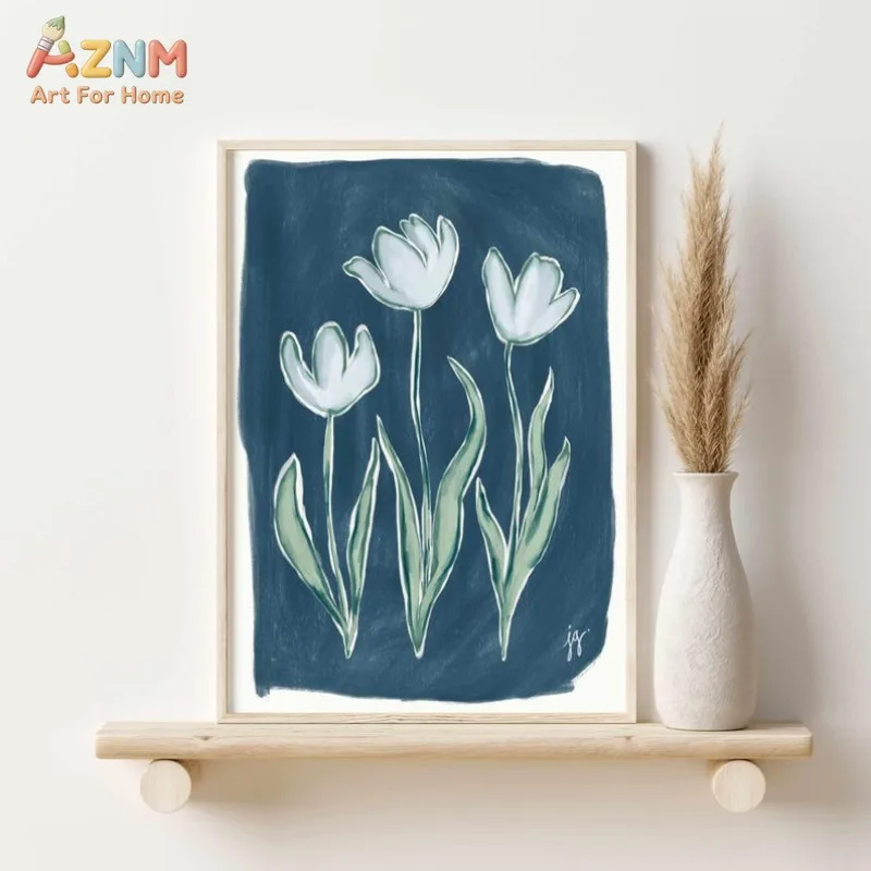 AZNM Soft Color Floral Canvas Wall Art Tulip Peony Hydrangea Watercolor Print Minimalist Botanical Home Decor Unframed