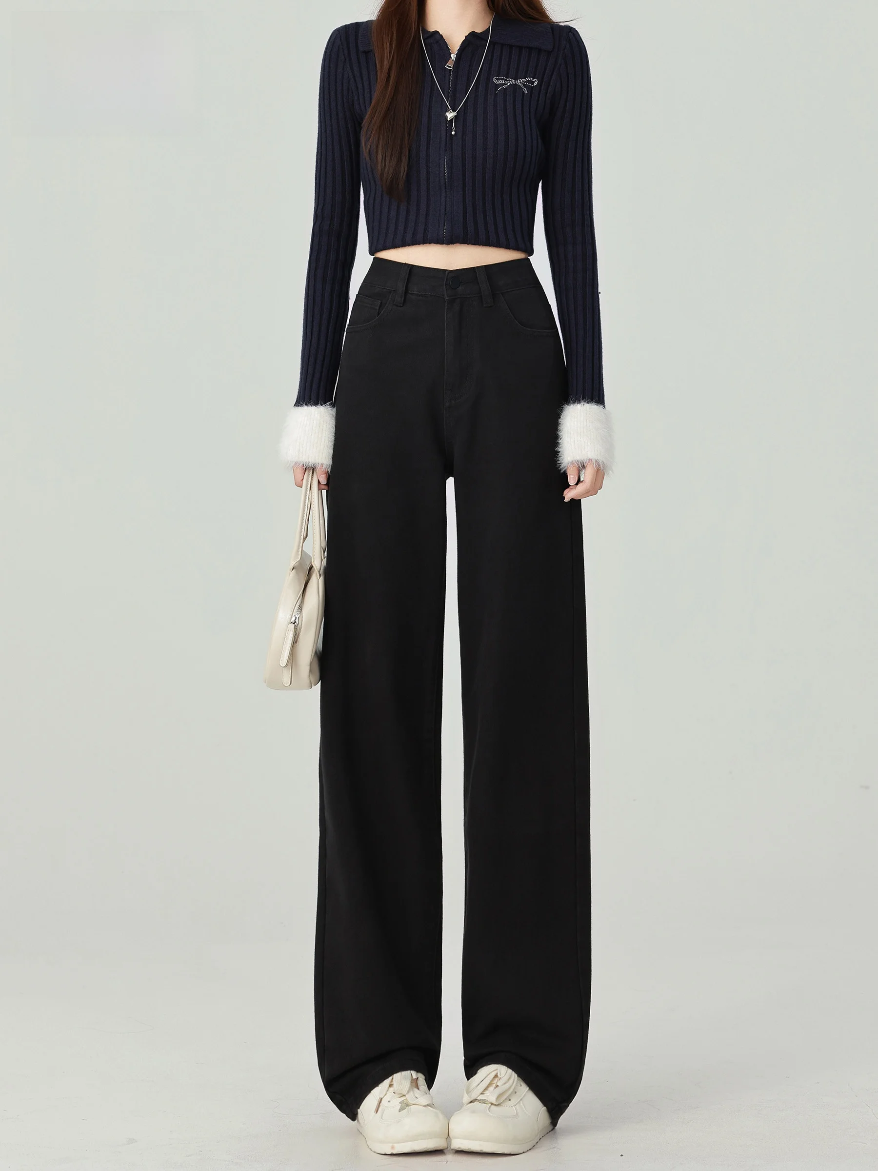 

Джинсы женские черные с высокой талией, прямые, свободные, утягивающие, узкого кроя, с эффектом драпировки, широкие брюки, повседневный стиль