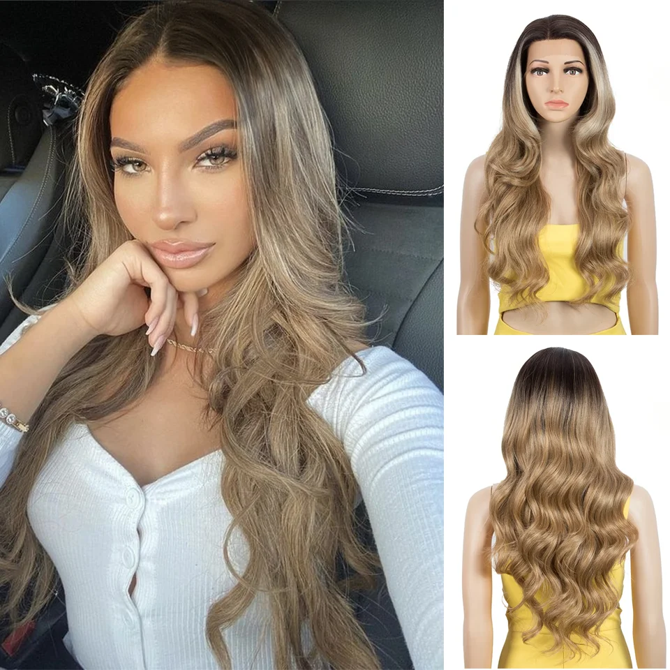 

Synthetic 28 inch Long wavy ombre blonde Wigs For Women 13x4 Lace Front Wig Ombre Lace Front Wig Daliy Synthetic Lace Front Wig