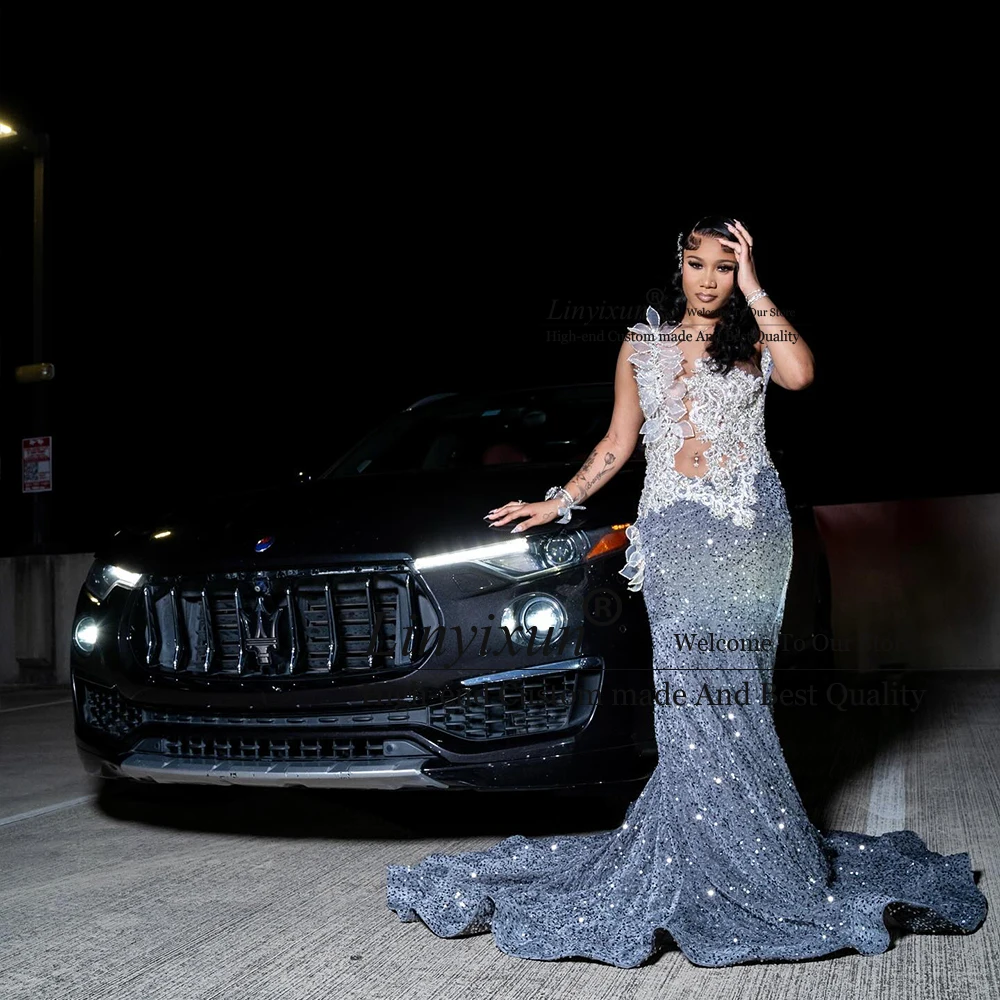 キラキラ 3D オーナメントウエディングドレス黒人ガールグリッタースパンコールマーメイドイブニングパーティードレスカスタマイズされたノースリーブローブ d'été ファム