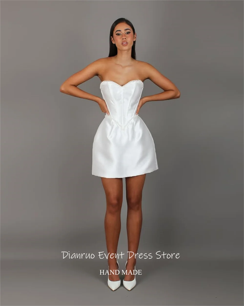 Dianruo パール襟恋人のウェディングドレスホワイト繊細な民間ブライダルイブニングドレスノースリーブフォーマルブライダルドレスカスタマイズ