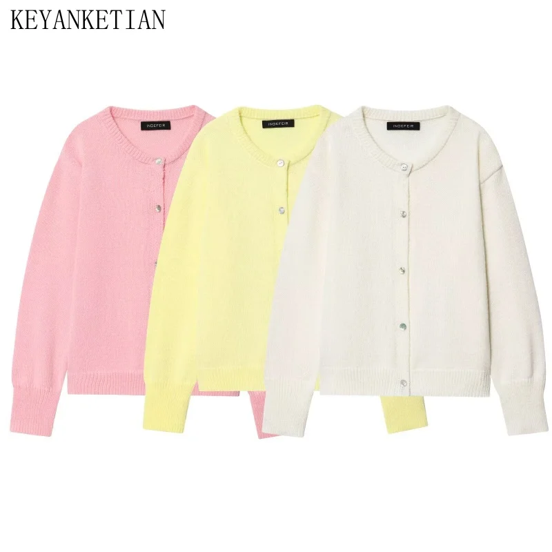 

KEYANKETIAN, осенняя новая женская одежда, ленивый стиль, свободный однотонный вязаный кардиган с круглым вырезом и длинными рукавами, женский свитер, пальто