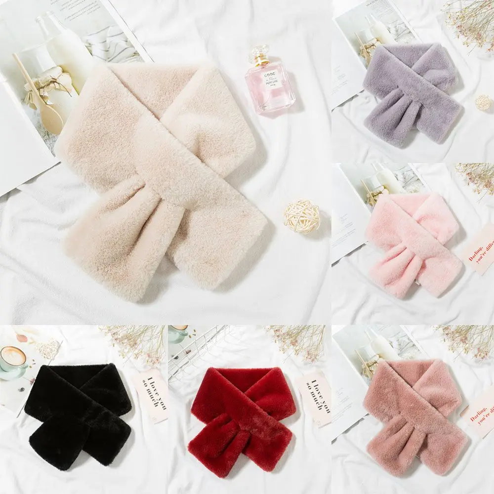 Women Winter Warm Thicken Cross Collar Scarf  Solid Color Faux Rabbit Fur Plush Elegant Shawl Scarfs