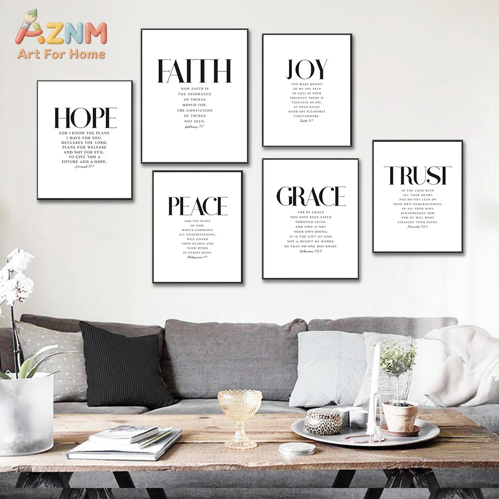 AZNM Arte de Pared en Lienzo con Versículos Bíblicos: Fe, Esperanza, Alegría, Paz, Gracia, Confianza, Decoración Cristiana Minimalista en Blanco y Negro para el Hogar, Sin Marco