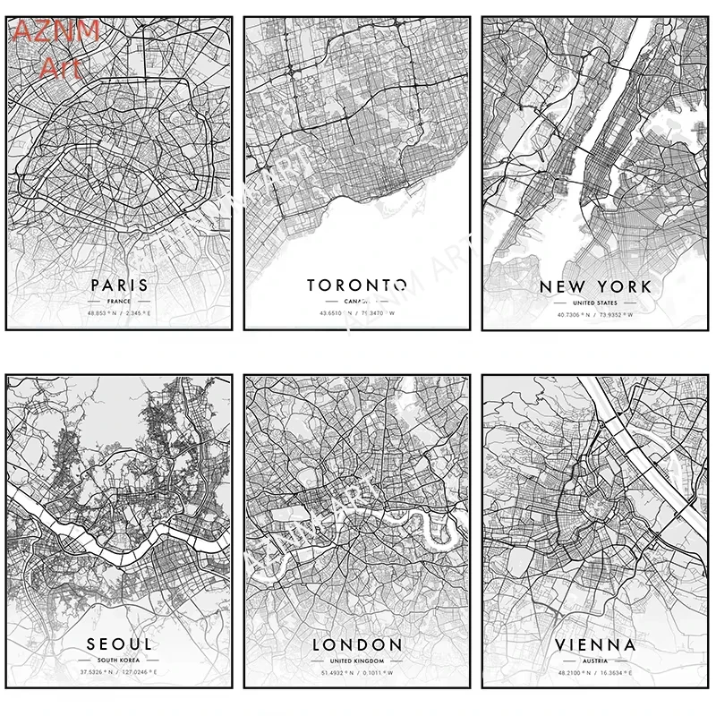 City Map Artwork Poster Paris New York Canvas Painting HD Printed Black and White Map Wall Art Picture Living Room Home Decor
