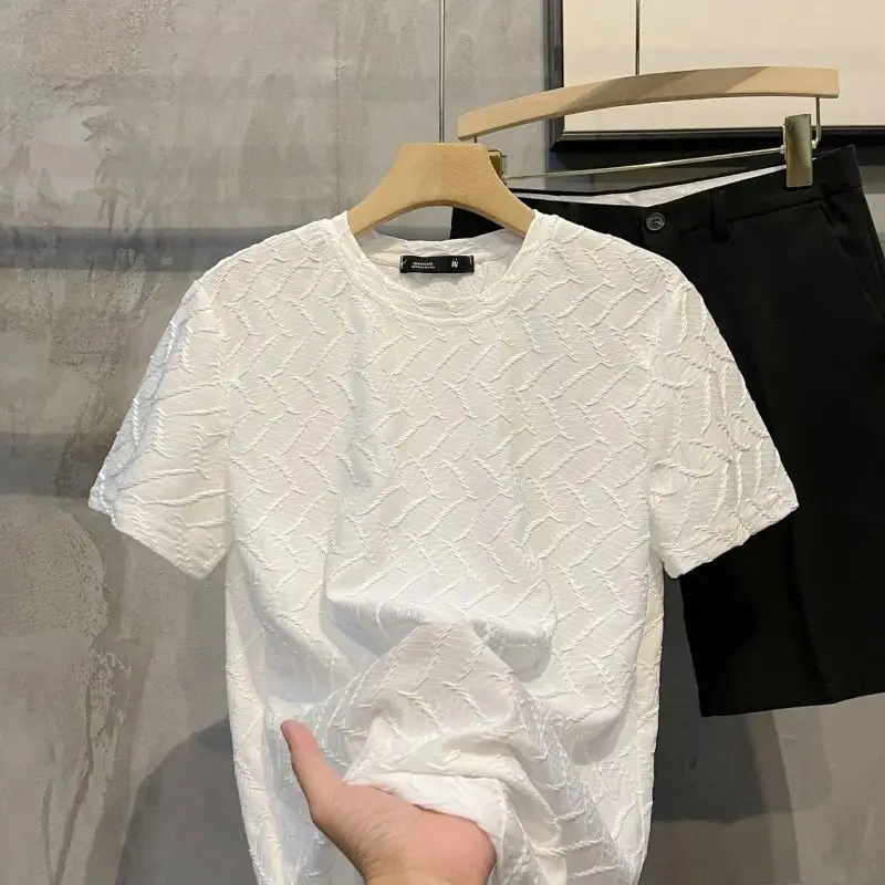 CSKS Thin Thread Design T-shirt Korean Style Slim Fit Ice Silk Short-sleeved Men Solid Color Comfortable and Breathable Top