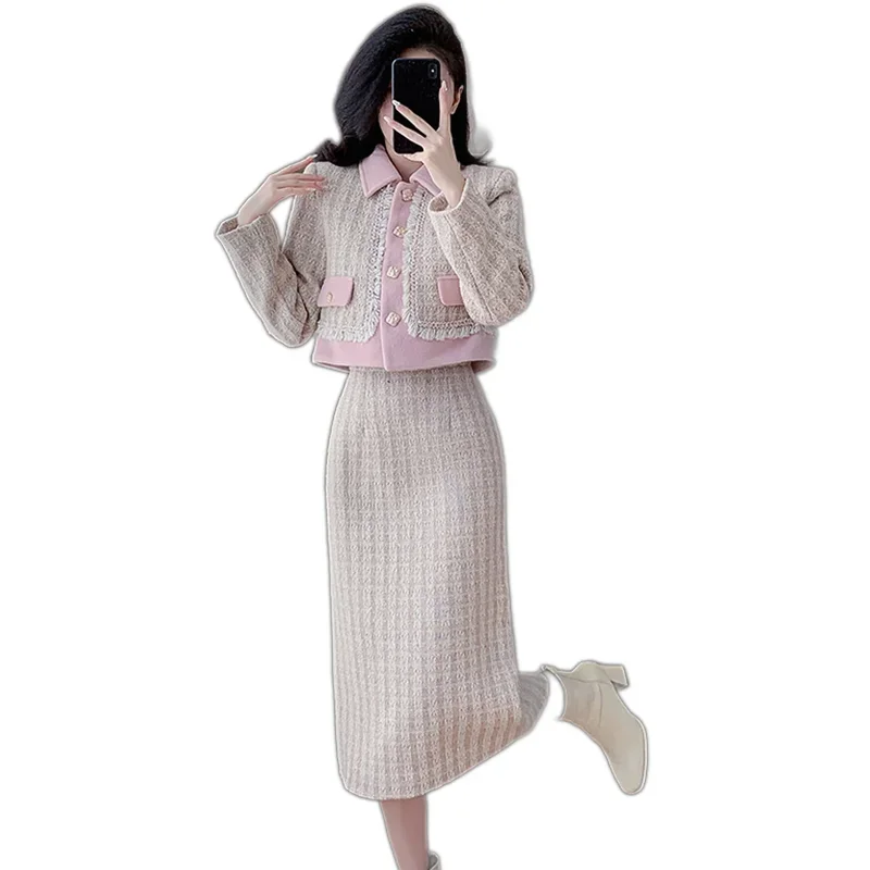 Autumn Winter Women Elegant Pink Tweed Skirt Suits Contrast Color Patchwork Short Jacket And High Waist Long Skirt Two Piece Set