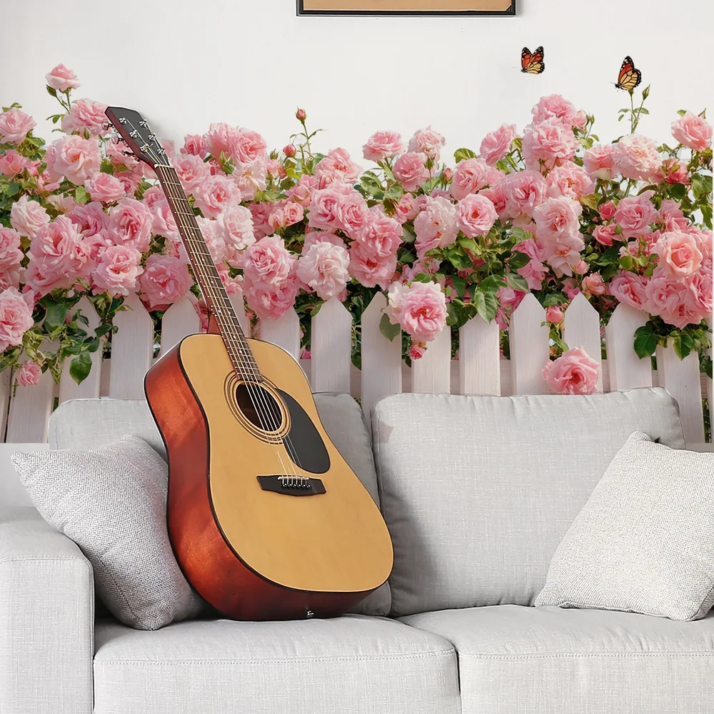Pink Rose Fence Flowers Wall Art Decor Living Room Self Adhesive Wall Stickers for Bedroom Office Decoration