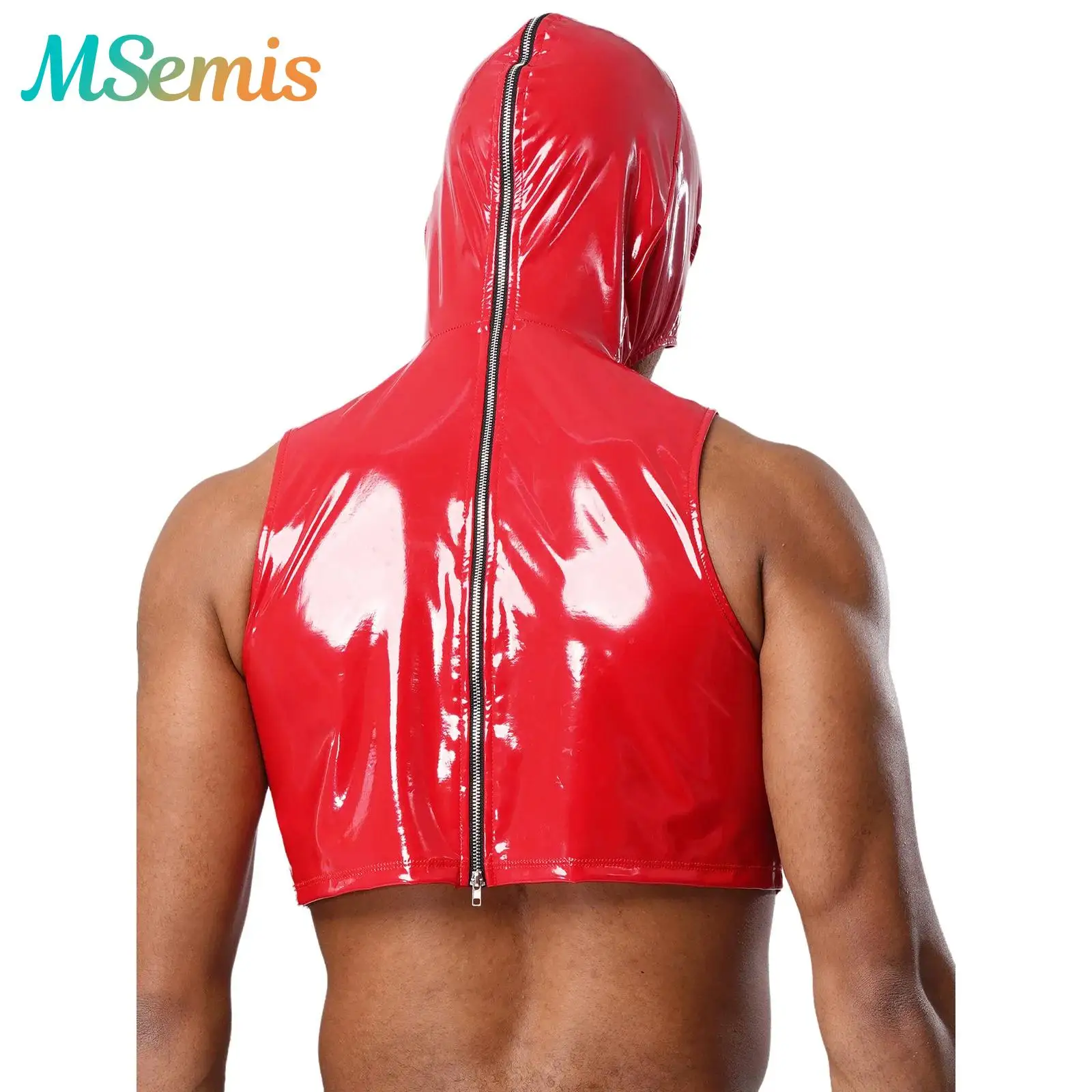 

Mens Wet Look Patent Leather Latex Crop Top Cutout Front Back Zipper Mask Hooded Tops Pole Dancing Raves Party Costume Clubwear