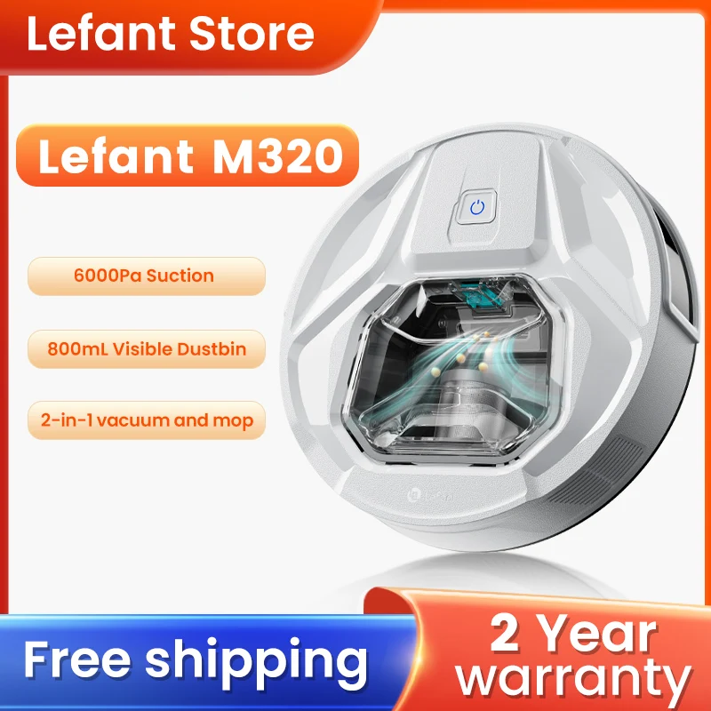 Lefant M320 6000Pa Powerful Suction Robot Vacuum Cleaner with Mop ,210 Mins Runtime,800ML Visible Dustbin,Carpet Detection