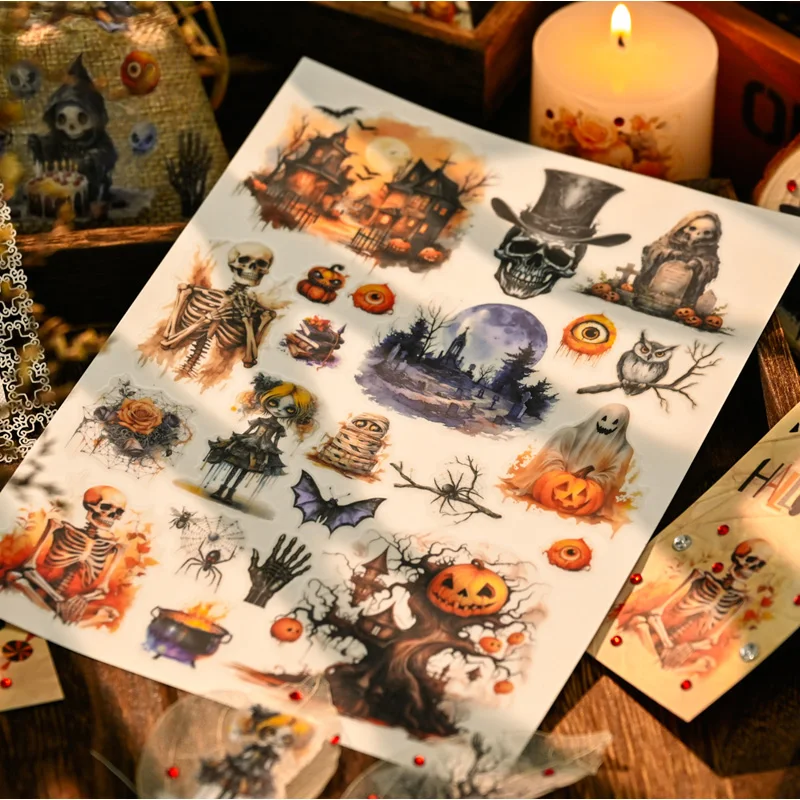 Halloween Rub-On Stickers Scrapbooking - Wizard Bat Grim Reaper Jack-o-Lantern Transfer Stickers Craft Junk Journal Supplies