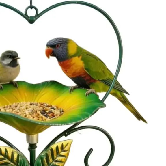 Heart Shaped Wrought Iron Bird Feeder With Floral Accents All Weather Hanging Tray For Garden Patio Outdoor Decor Green Purple O