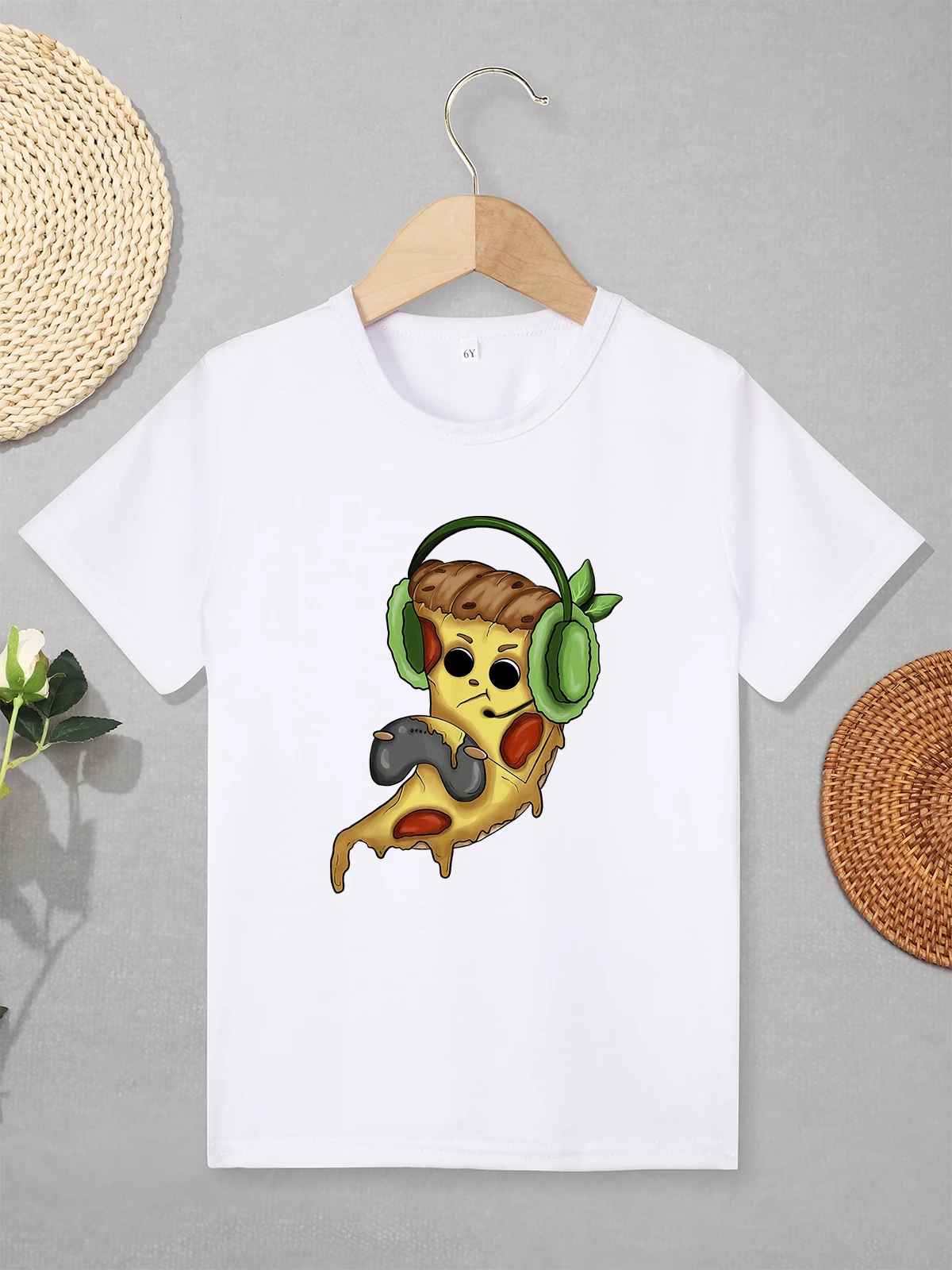 

Funny Pizza Pattern Boys Clothes Cartoon Stylish Summer Home Casual Kids Shirt White Basic Tops Short Sleeve Round Neck Tees