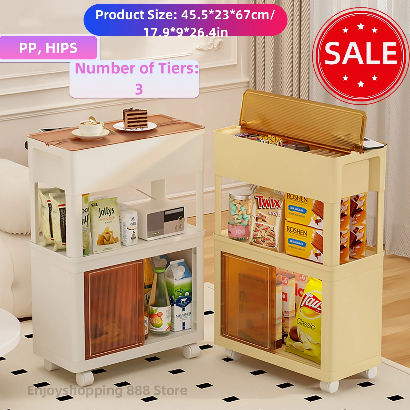 

3 Tier Utility Rolling Cart Storage Organizer 4 Directions Opening Grocery for Kitchen,Office