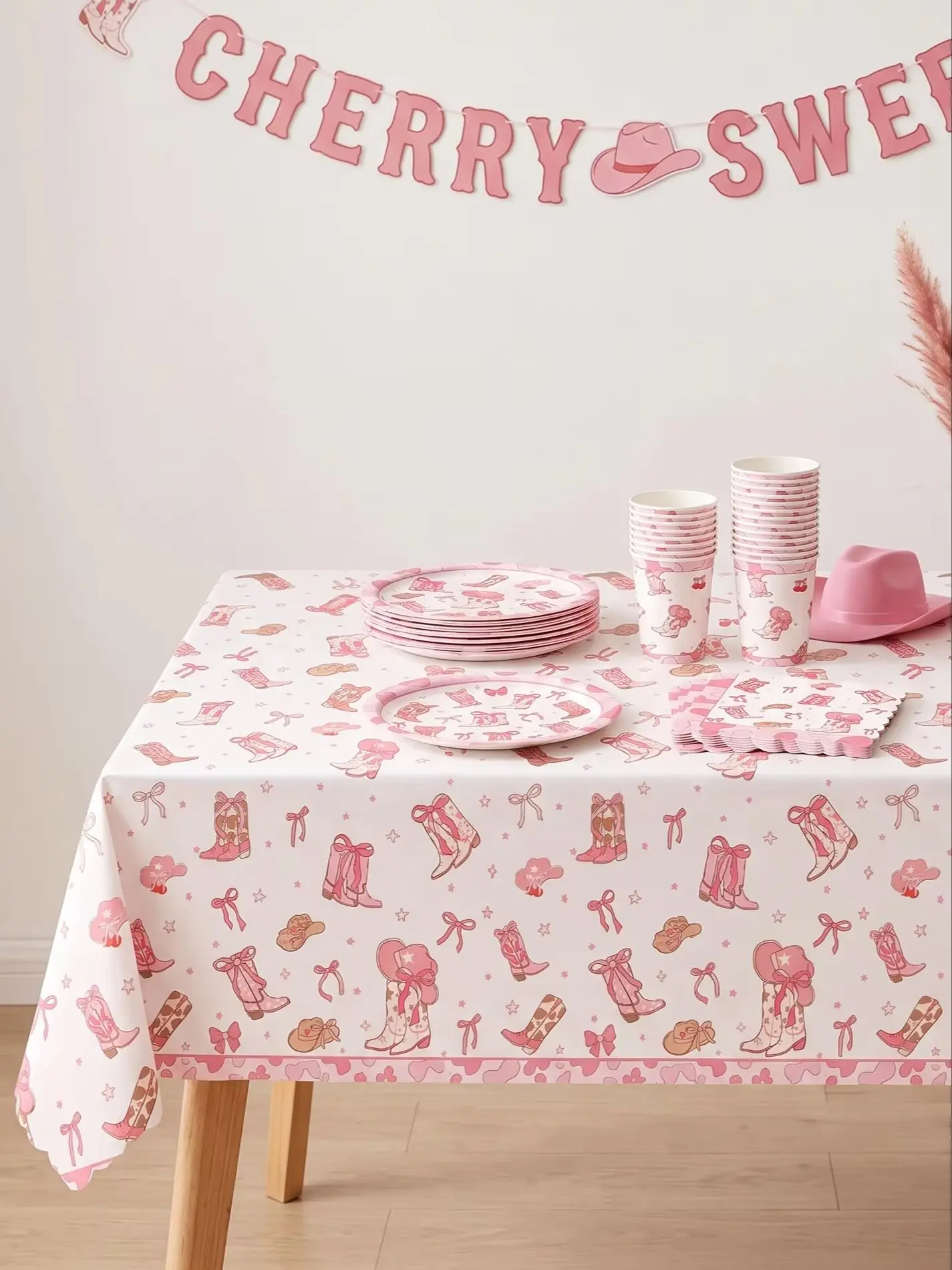 Rosa Cowgirl Prinzessin Geburtstagsdekoration Elegantes Einweg-Geschirr Teller Becher Ballons Babyparty Mädchen Partyzubehör – Detail 2