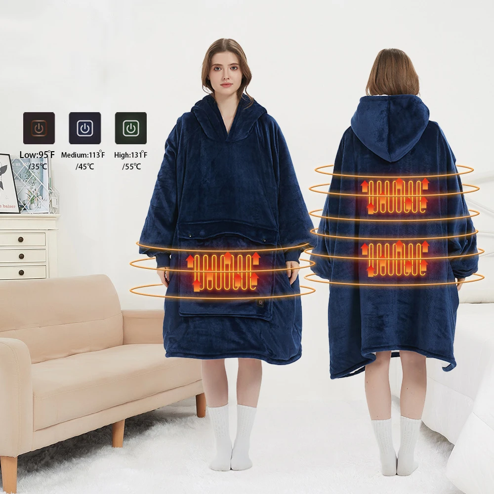 Outdoor USB Heating Blanket Hooded Lazy Blanket Flannel Lamb Fleece Double-layer Thick Couple Sleepwear Enlarged Pocket Pajamas