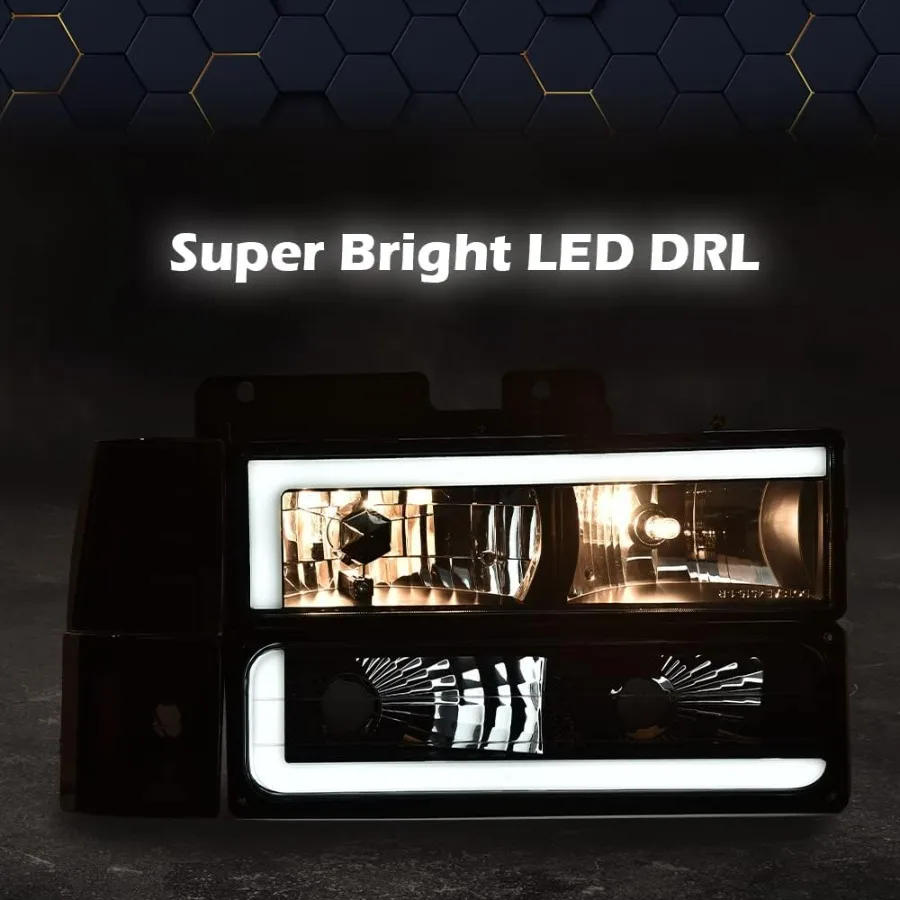 Corner Headlight Bumper Lamp w/LED Strip Light,Compatible with 1994-1998 Chevy C10 C/K 1500 2500 3500 Fit 94-99 Chevy Tahoe Subu