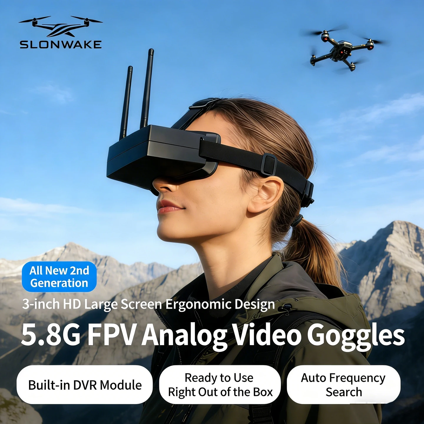 SLONWAKE FPV Goggles 3 Inch 5.8G Analog with DVR Module Ultra-Low Latency build in battery for FPV Drone Racing Accessories