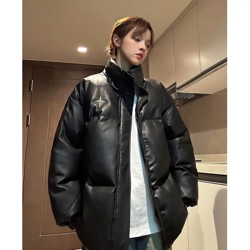 New PU Leather Down and Cotton Jacket Women's Trendy Plus Size Loose and Thick Couple Cotton Jacket Bread Jacket