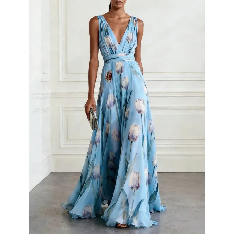 Elegant Party Dress Sleeveless Deep V Neck Dresses Wedding Guest Floral Print Evening Dress Light Blue Wrap Waist Maxi Dress