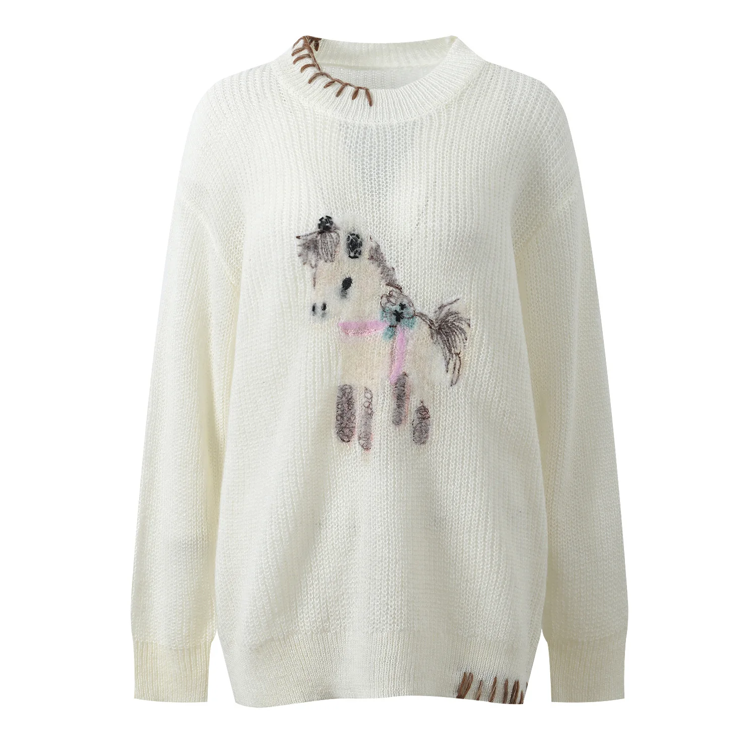 High-end europeu faion design cor blo malhas feminino solto ajuste tripulação ne camisola bordada franja detalhe topo