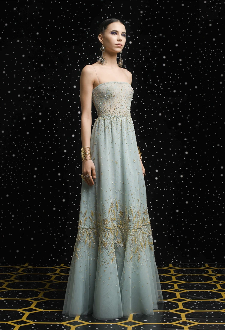 New Spaghetti Strap Light Green With Gold beaded Floor length  فساتين السهرة vestidos de fiesta  فساتين سهره evening dresses