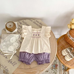 New summer baby clothing, 2-piece set for 0-3 year old girls with flying sleeves, embroidered top and buttocks shorts