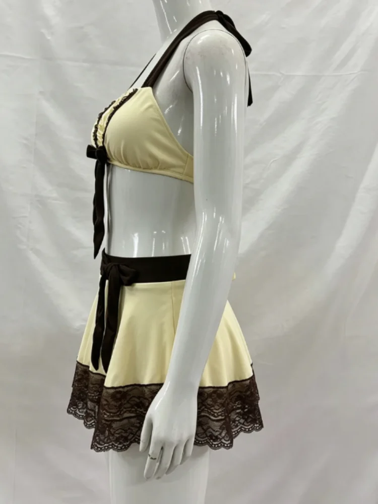 Contrast Color Lace Trim Skirted Bikini Set Women Halter Wrap Top Vintage Y2K 2 Piece Swimwear