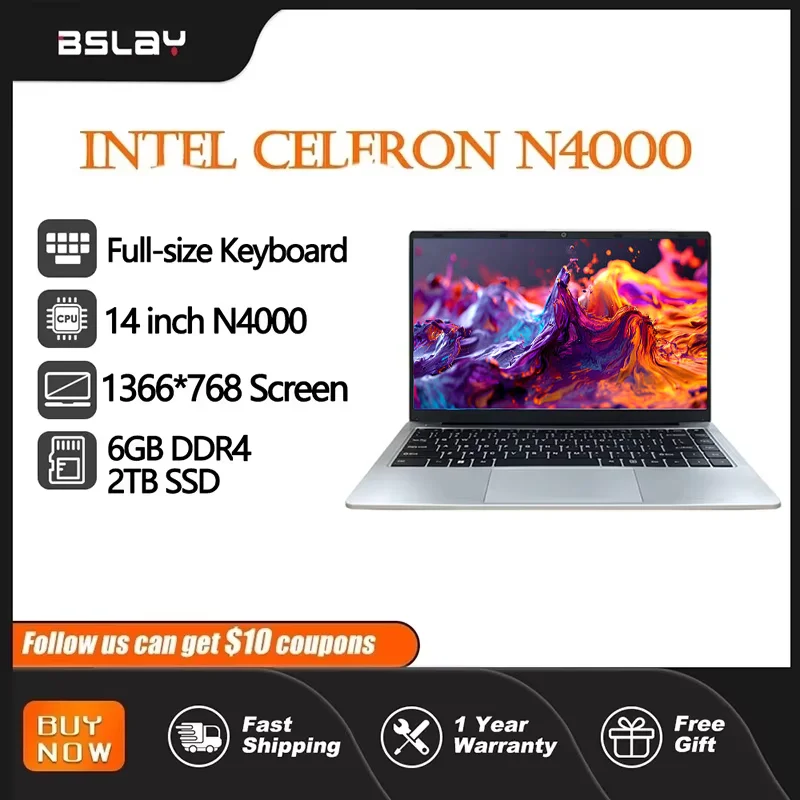 Laptop 14 Inch Intel Celeron N4000 6GB RAM 2TB SSD DDR4 Win11 HD Camera Notebook HDMI 2.6 GHz 180° Fold Wifi6 Portable Computer