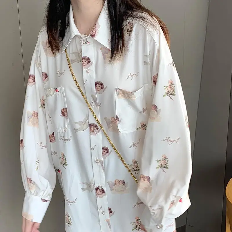 Japanese Lantern Sleeve Angel Print BF Style Retro Hong Kong Style Girl Design Shirt Top Long Sleeved Chiffon Shirt