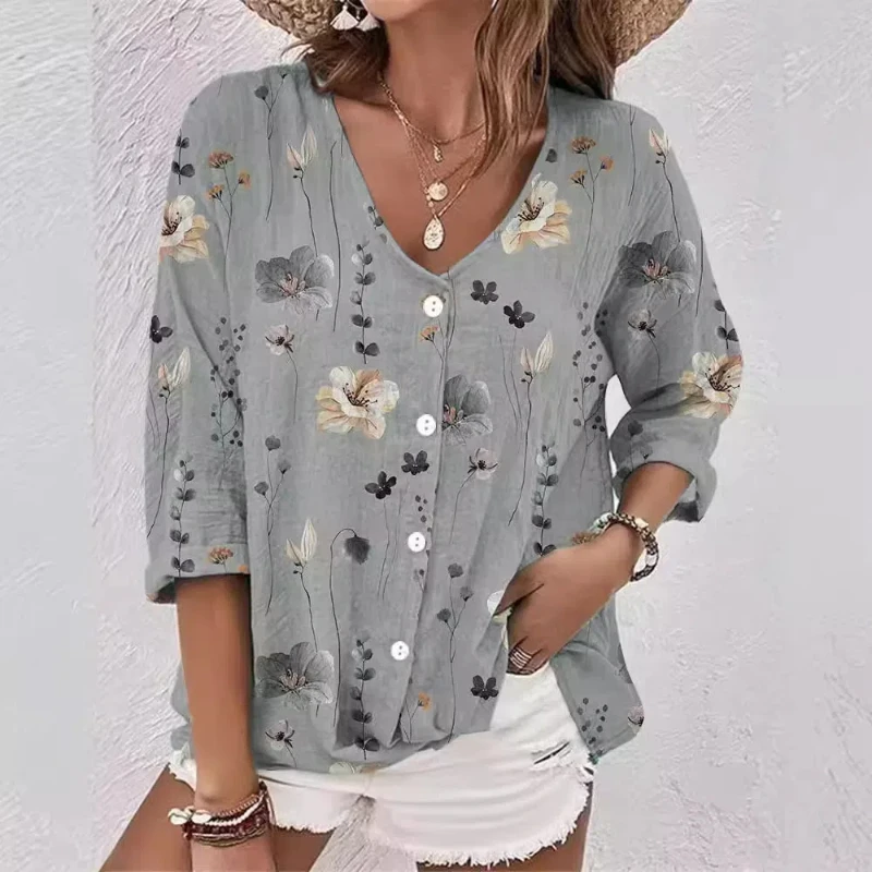 New Women's V-neck Button Chiffon Printed Cardigan Long Sleeved Shirt