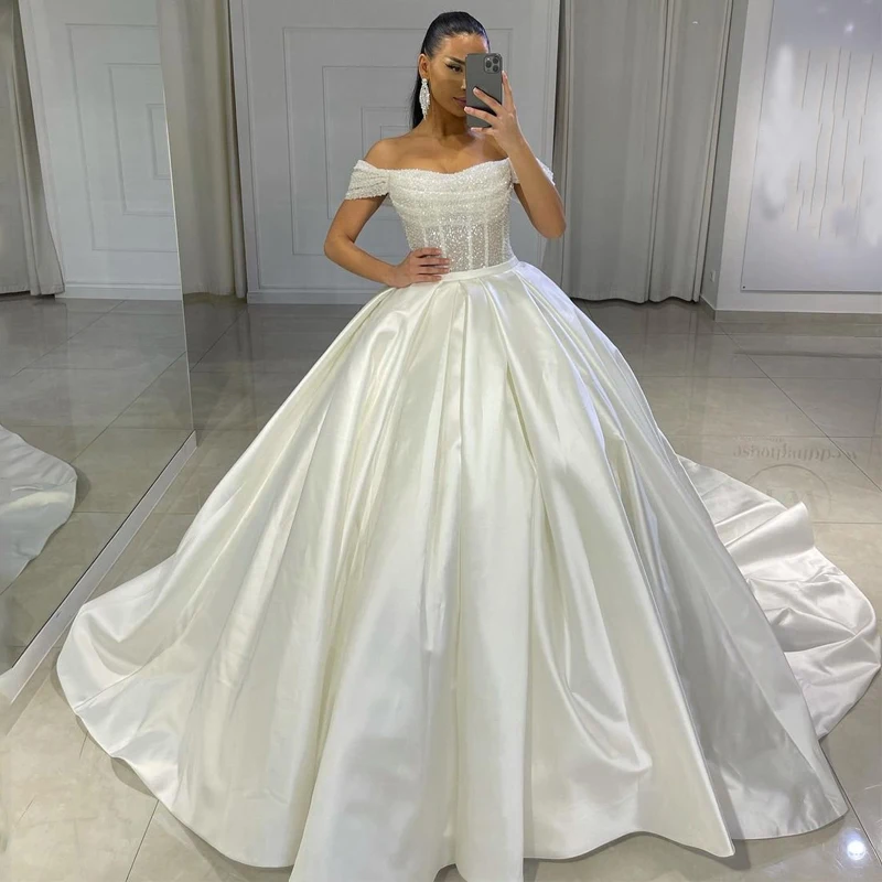 E JUE SHUNG White Satin Sequin Ball Gown Luxury Wedding Dresses Off The Shoulder Lace Up Back Bridal Gowns Court Train