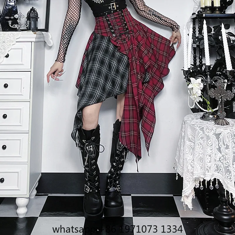 Goth Dark E-girl Streetwear Plaid Patchwork Irregular Hem Short Skirt Gothic Bottoms Y2K Punk Bandage Mini Skirts Alt Clothing