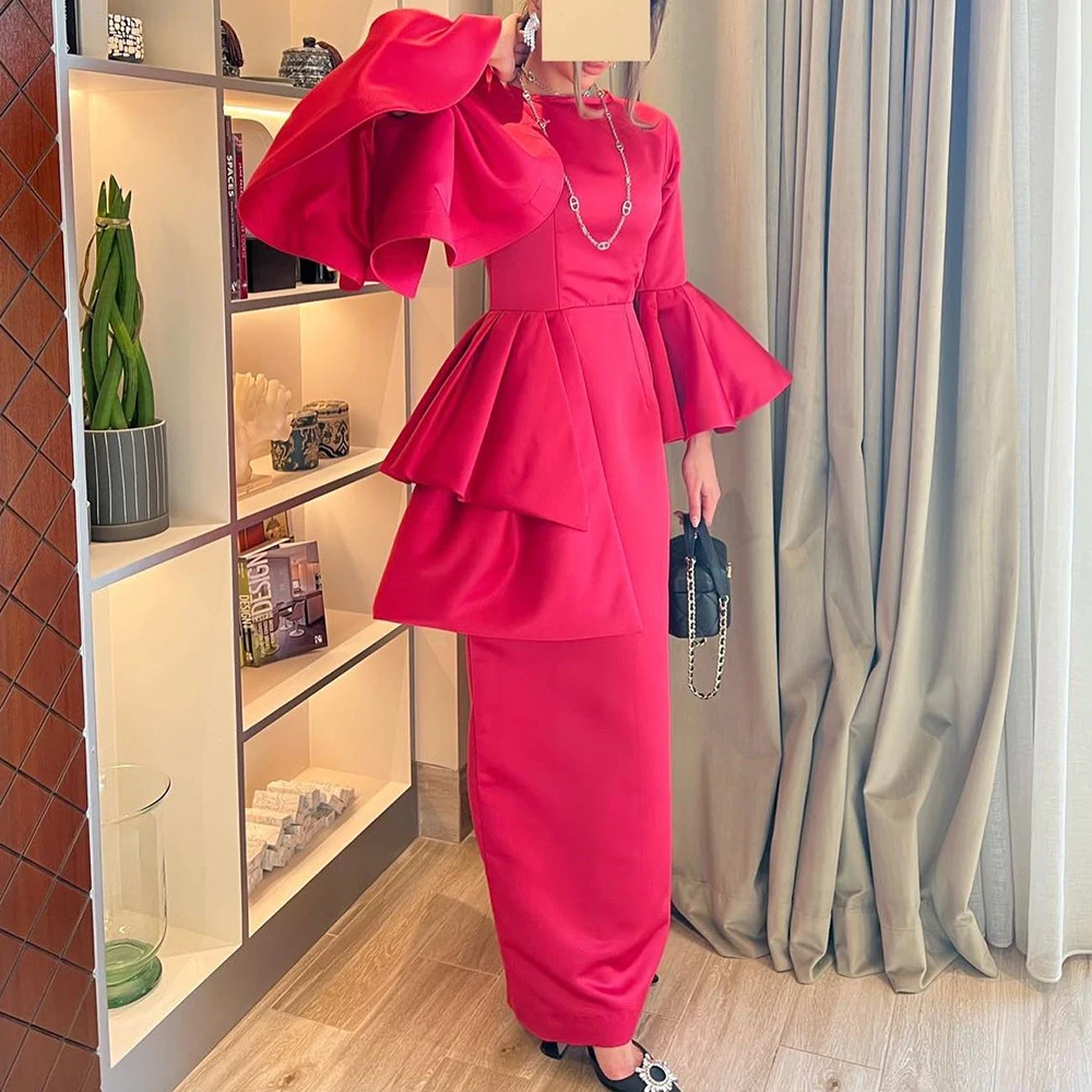 

Temperament Pleats Tiered Flare Long Sleeves Evening Dresses High Quality Straight Crew Neck Prom Gowns فساتين سهره نسائيه فخمة