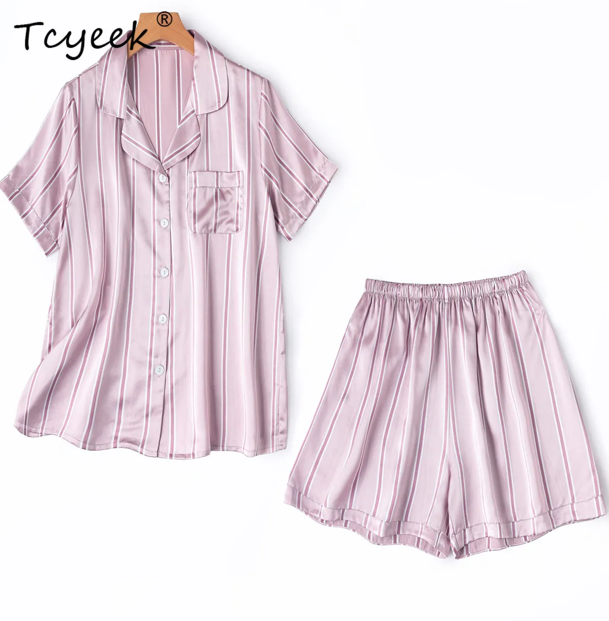 

Tcyeek 21MM 100% Real Mulberry Silk Shirt Shorts Women's Home Clothes Summer Womens Two Peice Sets Loose Print Sleepwear Костюм