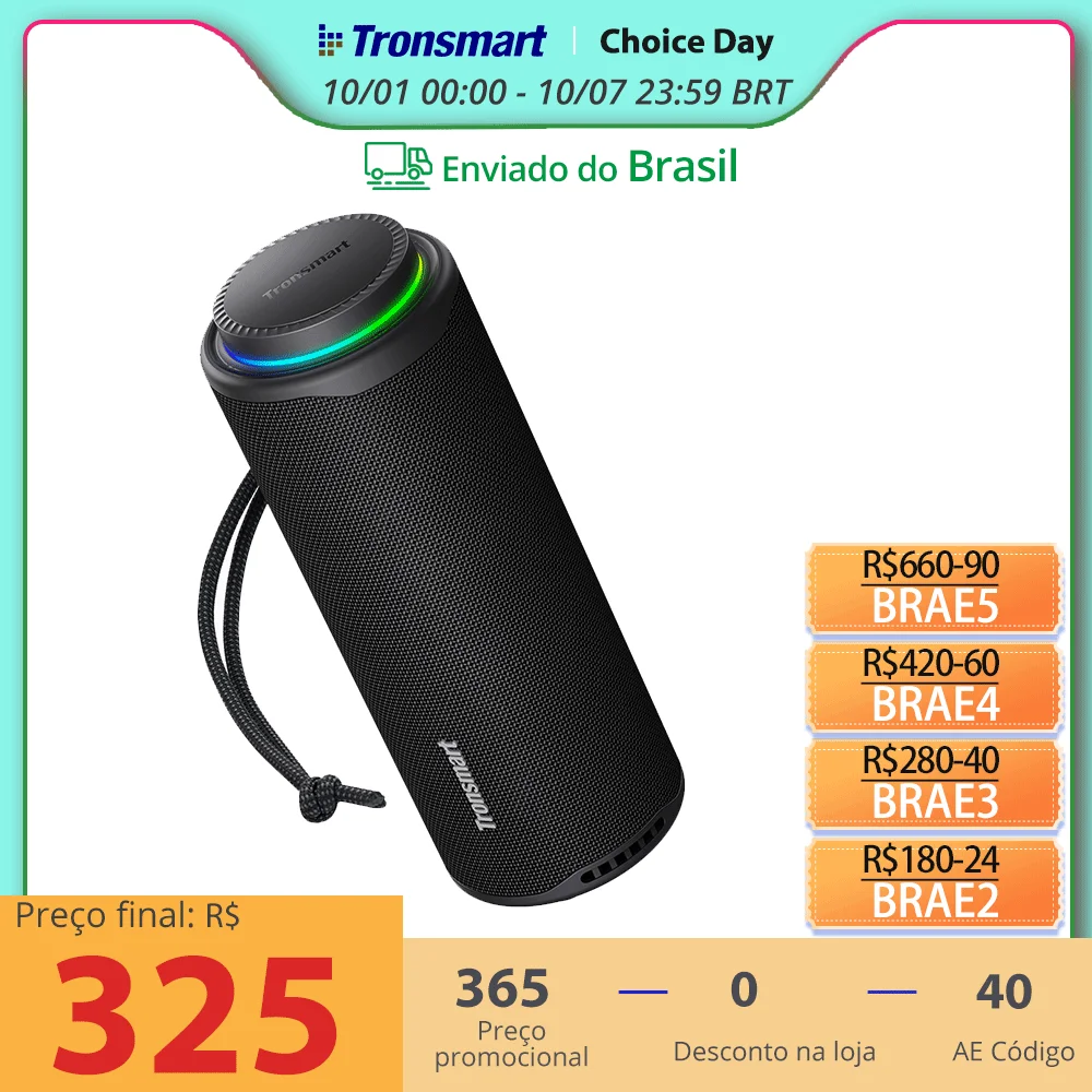 Tronsmart T8 caixa de som bluetooth portátil, Alto-falante Bluetooth 40W Alto-falante portátil externo com graves profundos, SoundPulse, IPX7 à prova d'água, controle de APP, para camping