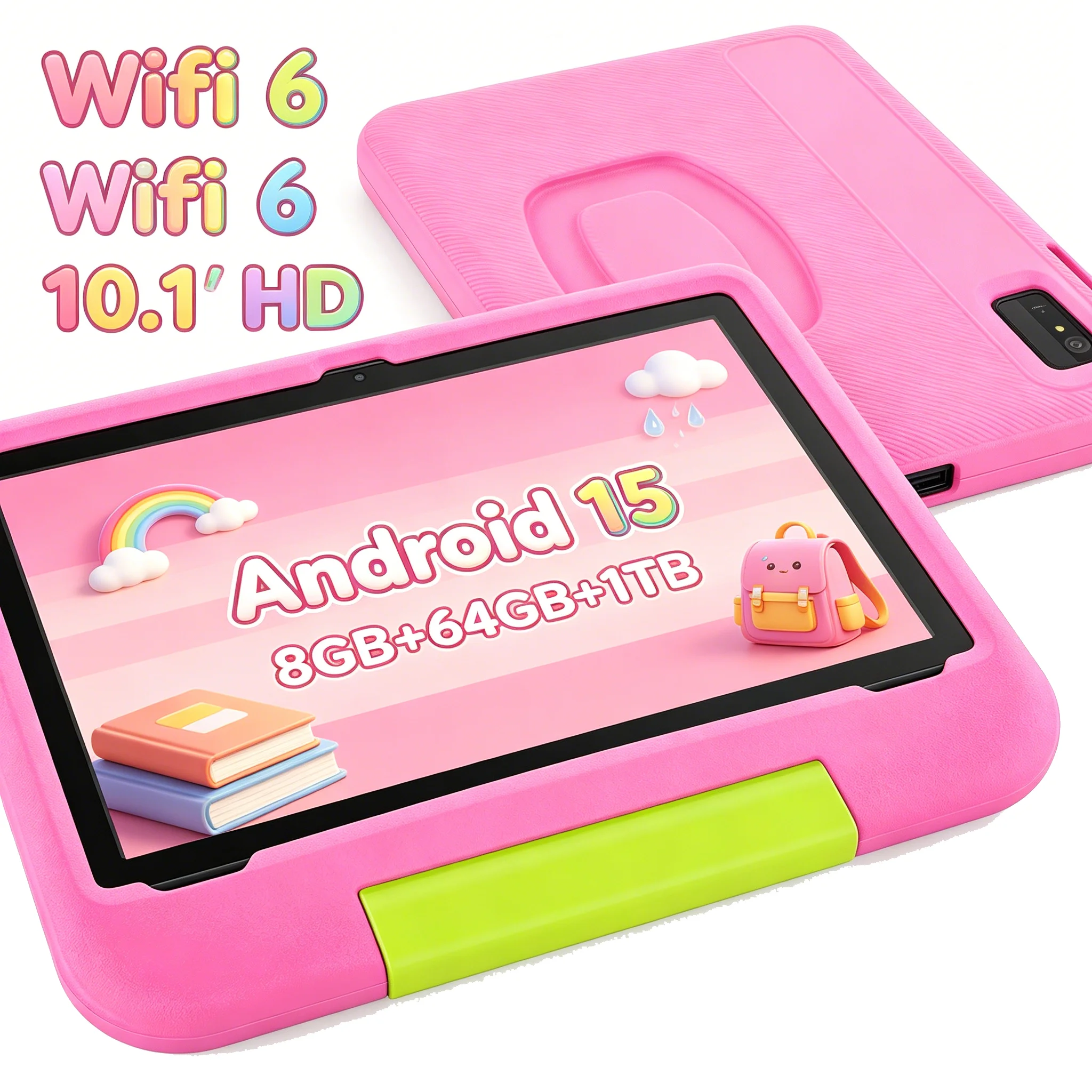 Paitanry 10.1 Inch Kids Tablet Android 15 8GB RAM 64GB ROM WiFi 6 5000mAh Dual Camera Kids Learning Tablet with Protective Case
