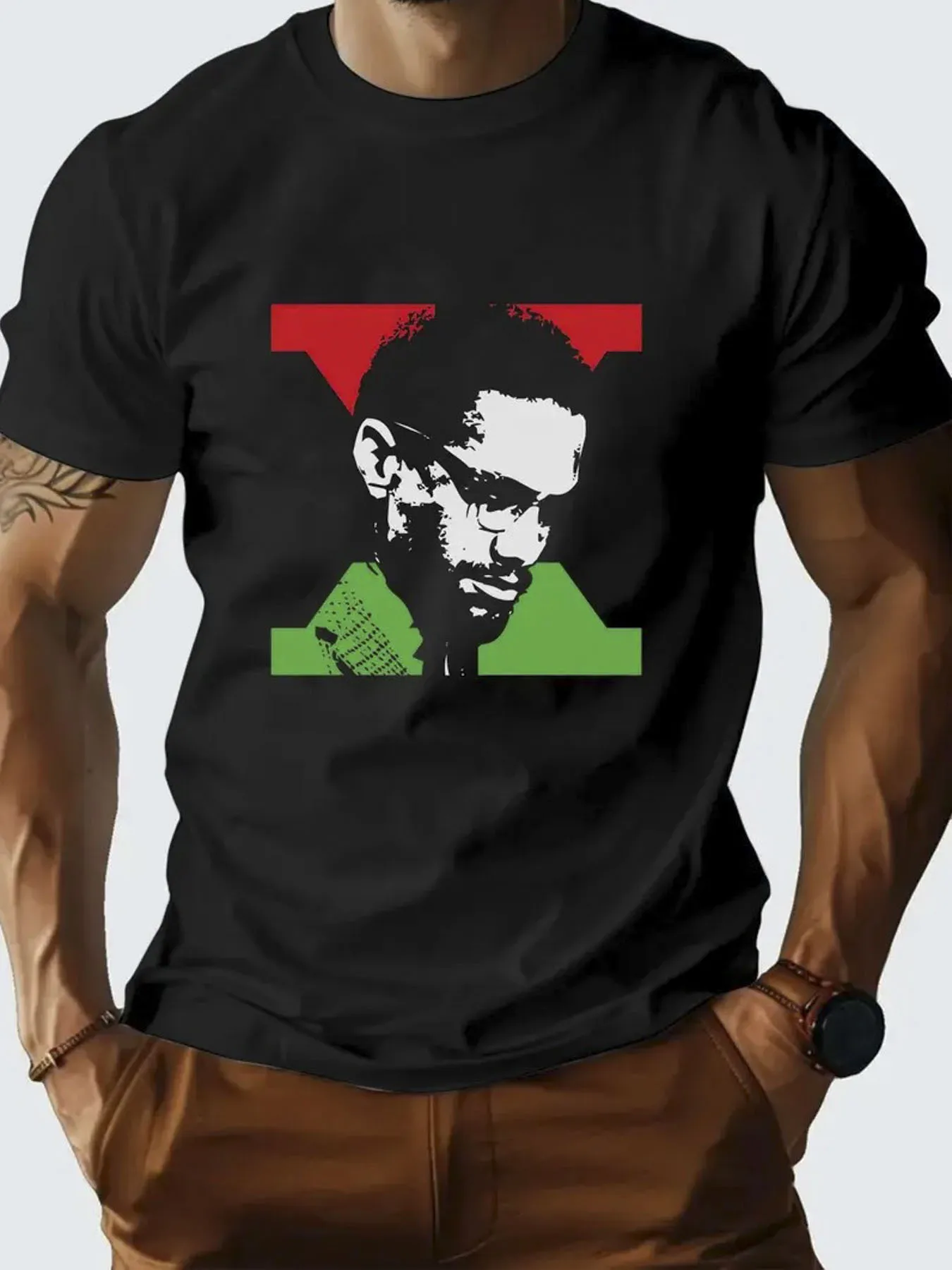 

Men's Malcolm X Black History Month T-Shirt - 100% Cotton Relaxed Fit Crew Neck Short Sleeve Shirt with Vibrant PanAfricanColors